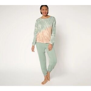 AnyBody Tall Cozy Knit Tie-Dye Top and Jogger Set Sage/Toffee,Tall X-Small 132-w